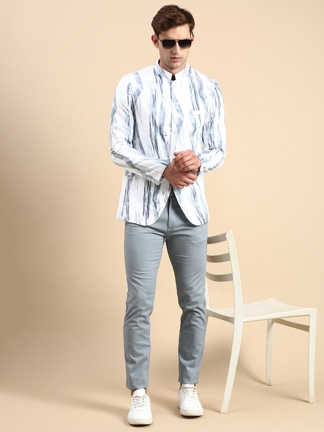 Men's White Printed Slim Fit Mandarin Collar Bandhgala Blazer