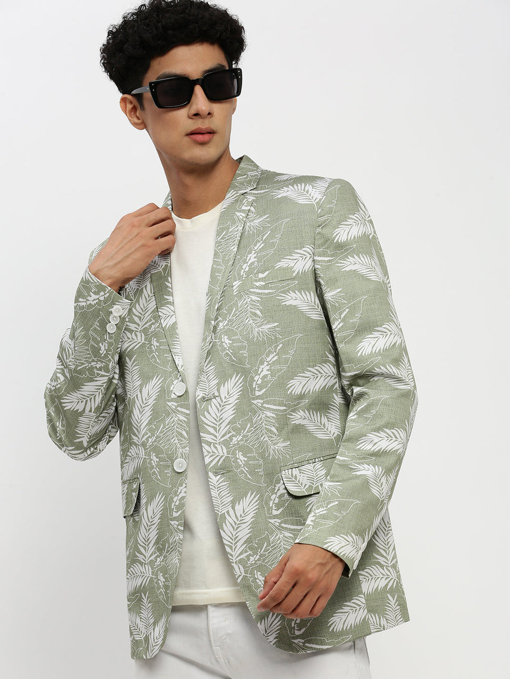 Men's Sea Green Printed Notched Lapel Single Breasted Slim-Fit Blazer