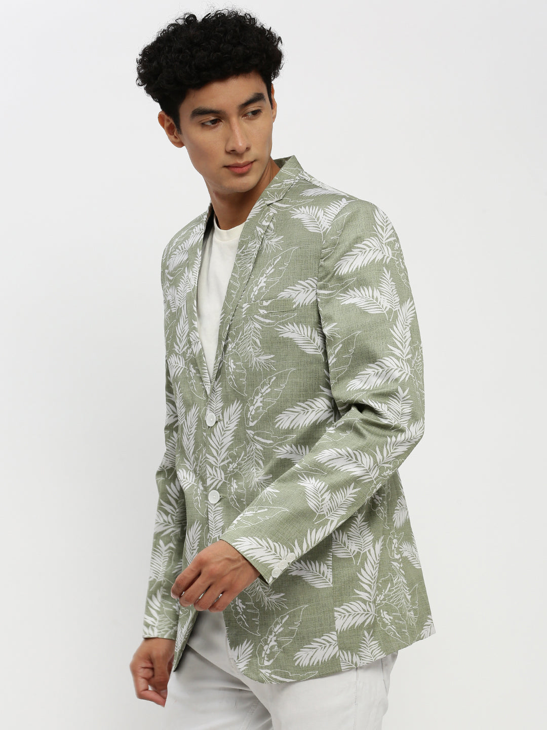 Men's Sea Green Printed Notched Lapel Single Breasted Slim-Fit Blazer