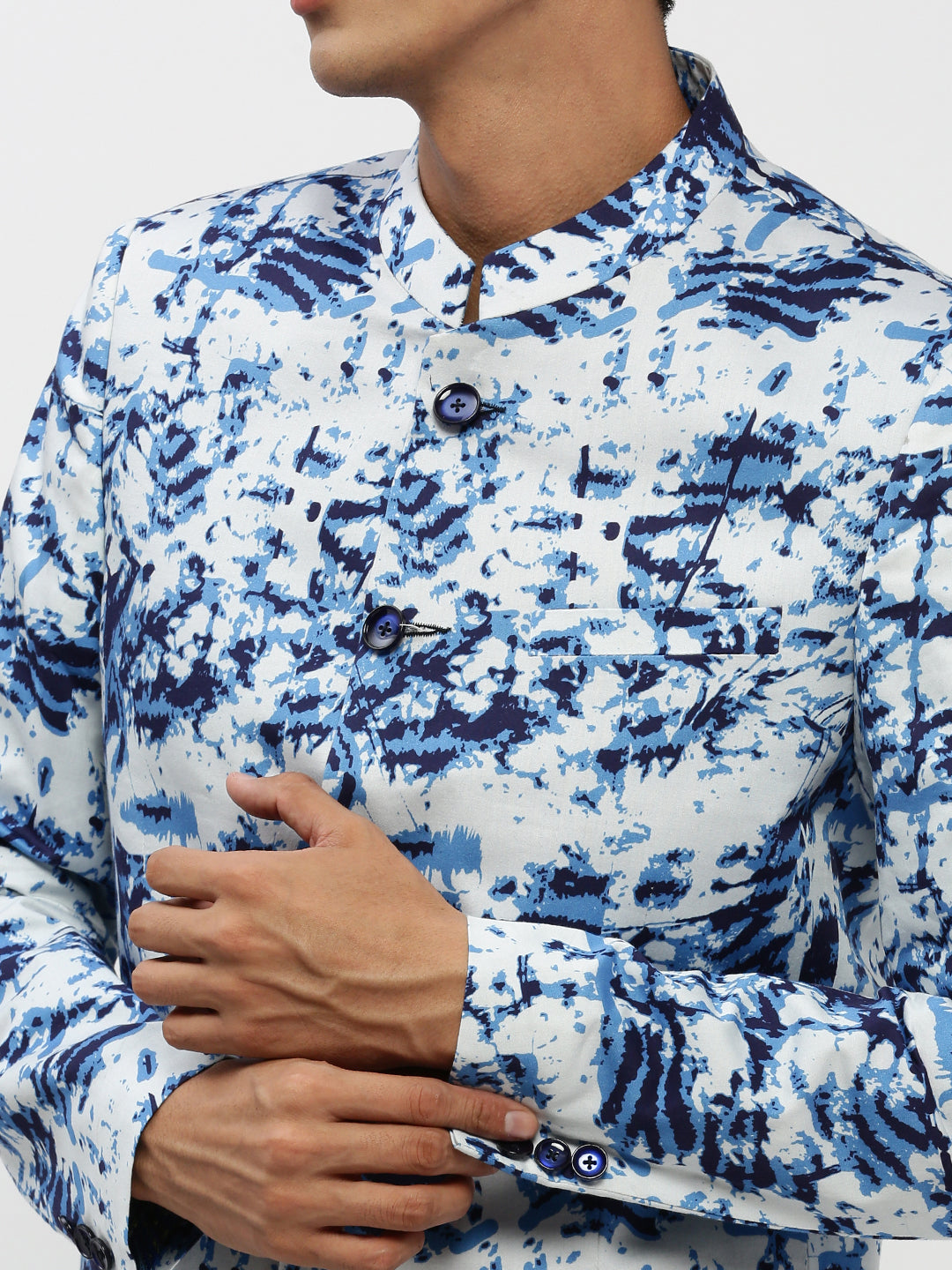 Men's White Printed Mandarin Collar Bandhgala Slim-Fit Blazer