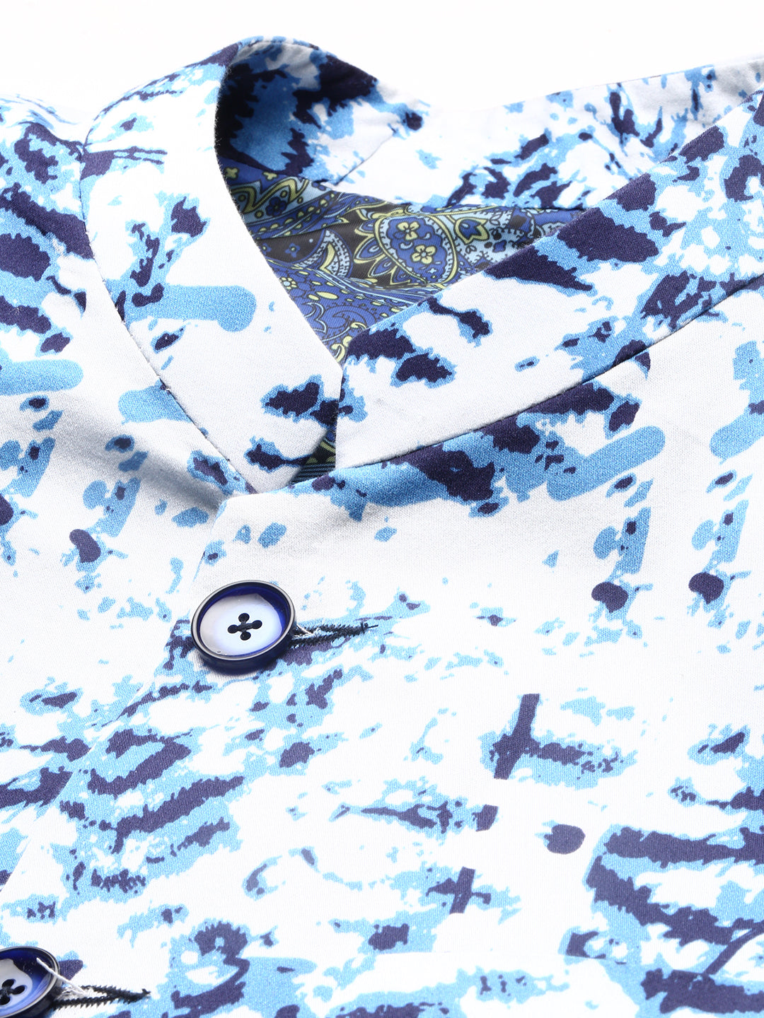 Men's White Printed Mandarin Collar Bandhgala Slim-Fit Blazer