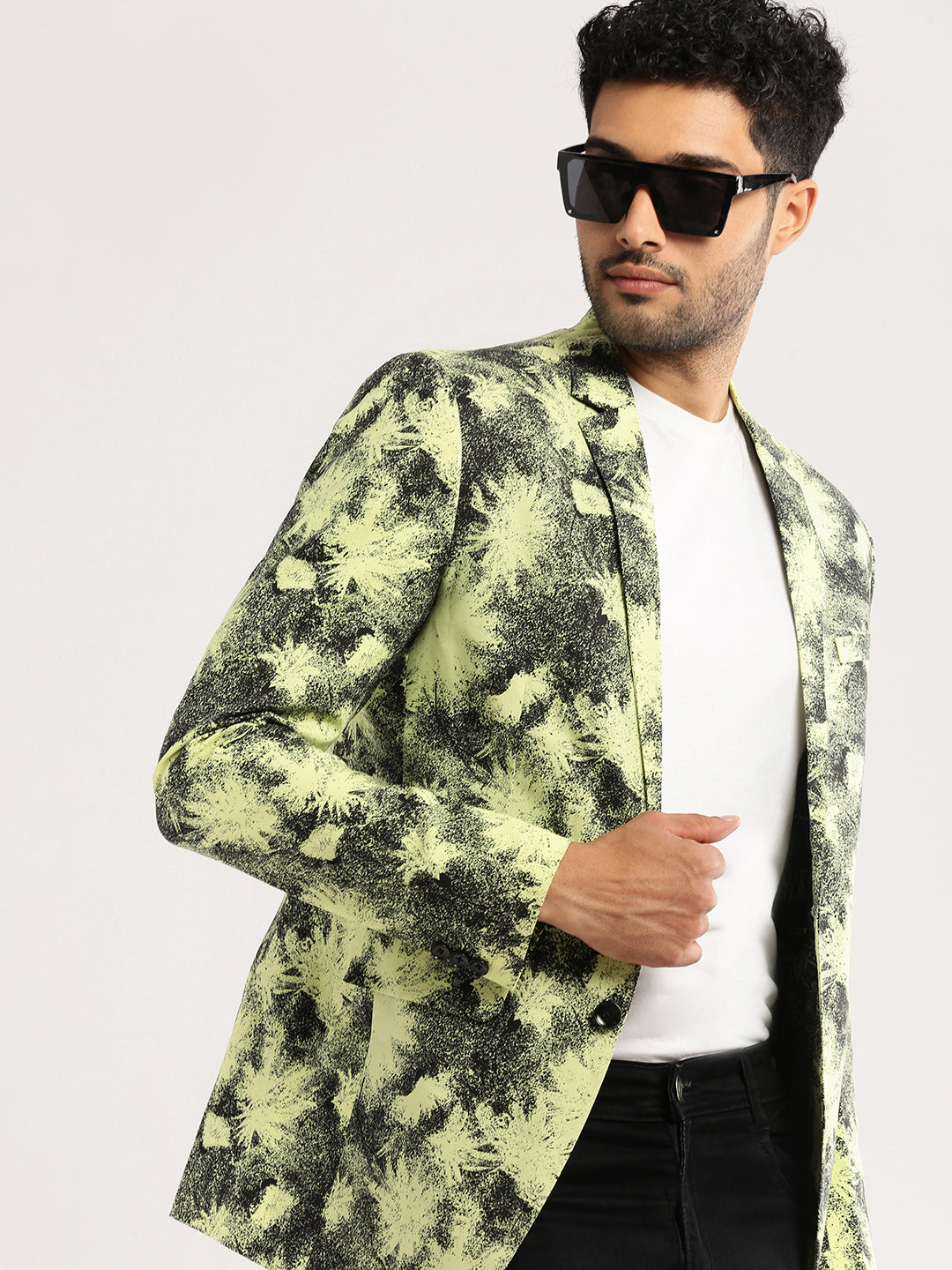 Men's Yellow Printed Notched Lapel Slim-Fit Single-Breasted Blazer