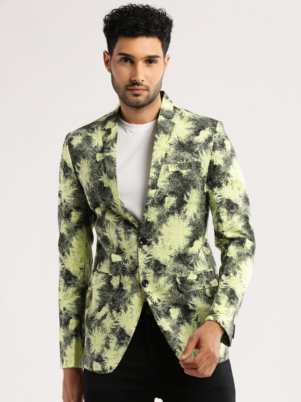 Men's Yellow Printed Notched Lapel Slim-Fit Single-Breasted Blazer