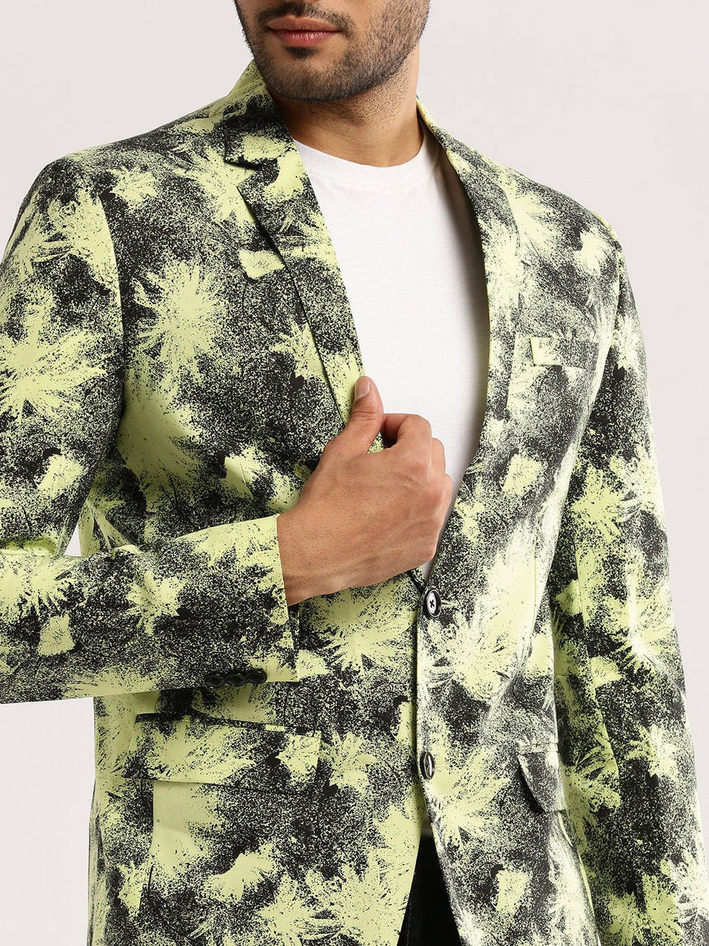 Men's Yellow Printed Notched Lapel Slim-Fit Single-Breasted Blazer