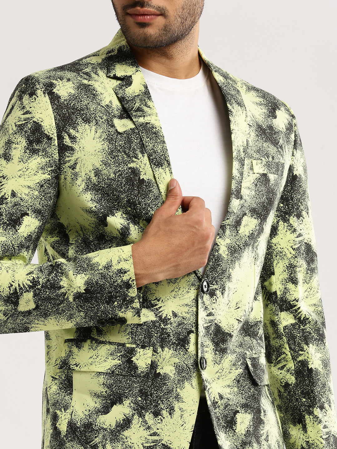 Men's Yellow Printed Notched Lapel Slim-Fit Single-Breasted Blazer