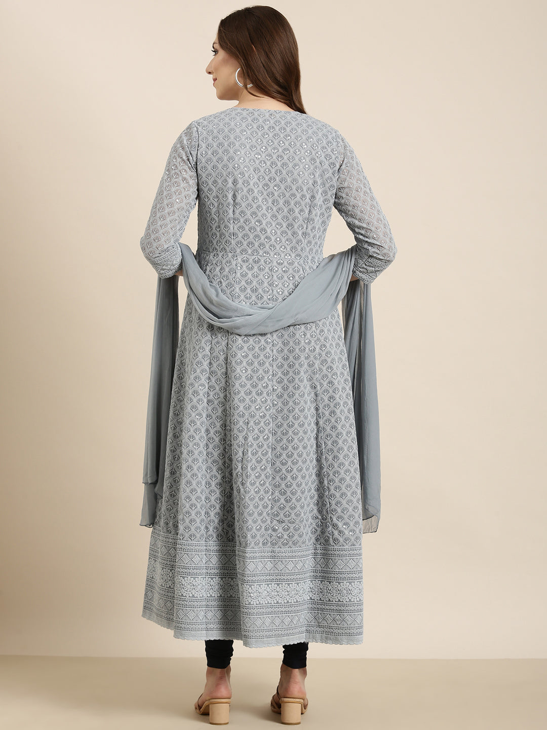 Women's Anarkali Grey Embellished Kurta Sets with Dupatta & Detachable Inner Lining