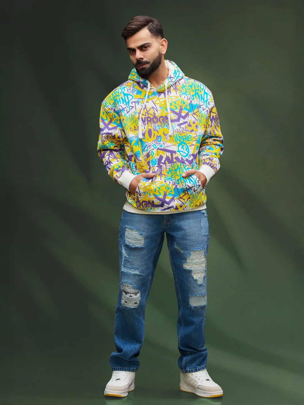 All Over Graffiti Print In Oversized Hoodie Pullover  |  Yellow