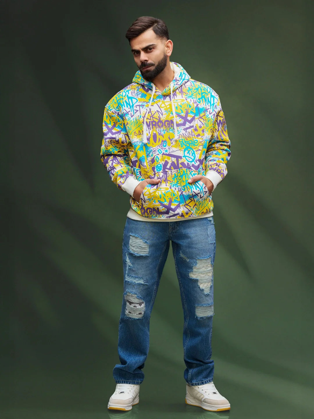 All Over Graffiti Print In Oversized Hoodie Pullover  |  Yellow