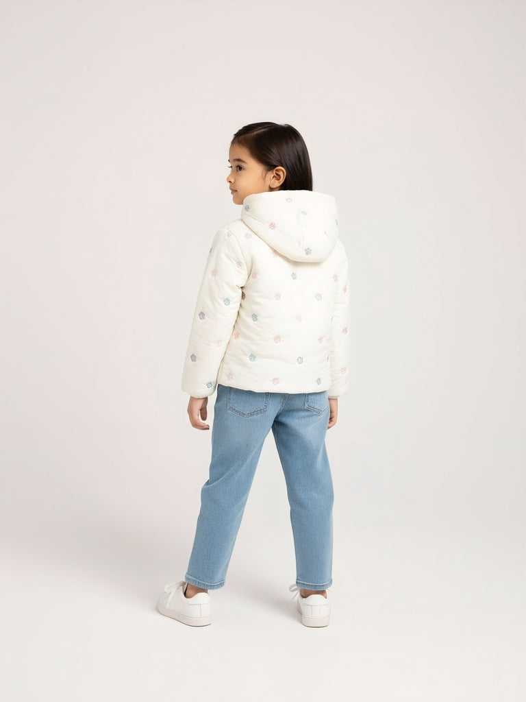 HOP Kids Off-White Floral Embroidered Hooded Jacket