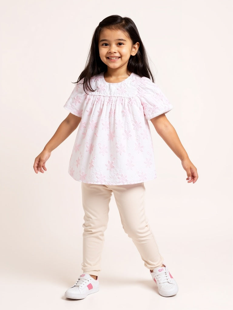 HOP Kids Pink Floral Embroidered Cotton A-Line Dress