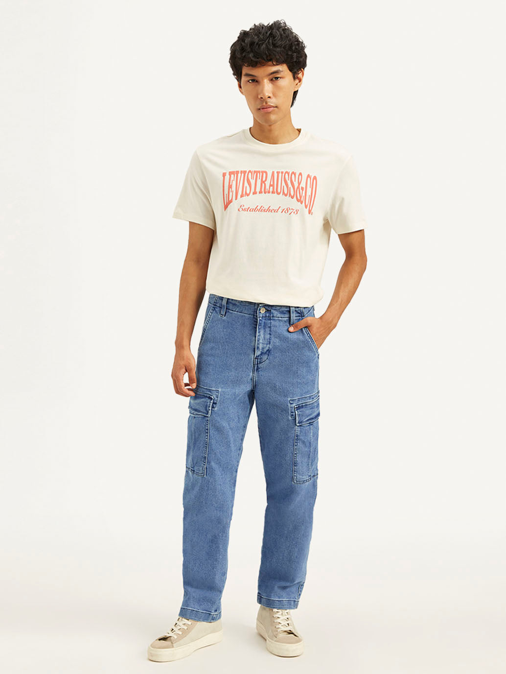 Men's Blue Straight Fit Mid Rise Cargo Jeans