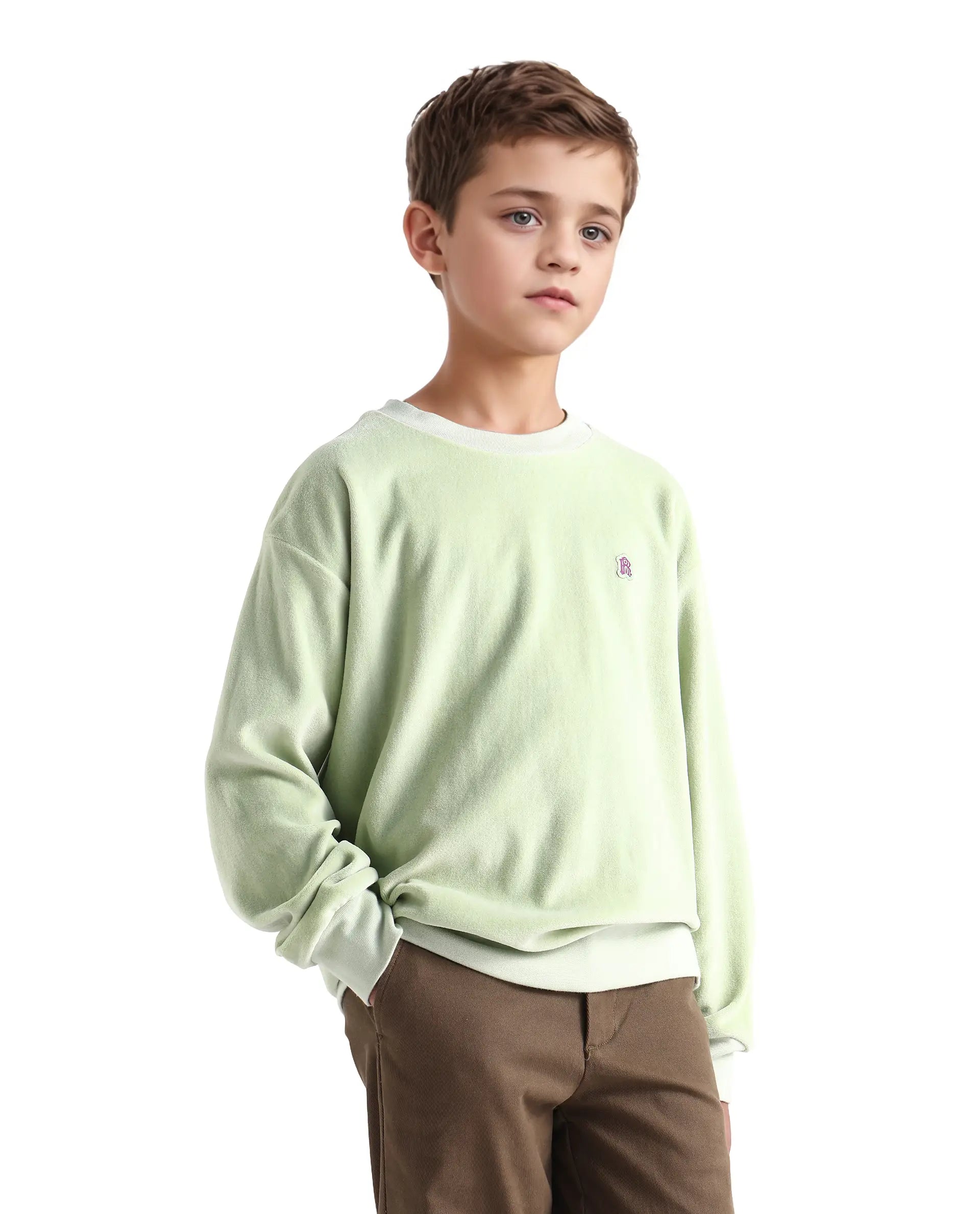 Rare Ones Kids Ellis Light Green Cotton Pull On Crew Neck Full Sleeves Fit Sweatshirt