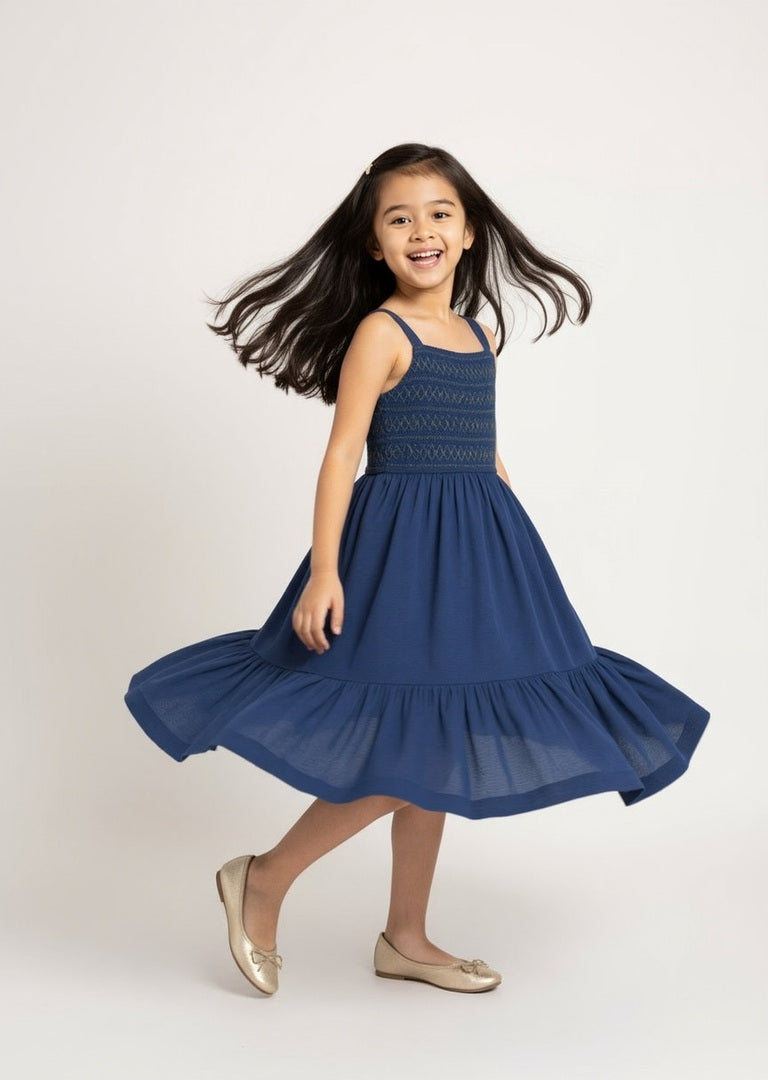 Utsa Kids Navy Embroidered Cotton-Blend A-Line Dress - (2-8yrs)