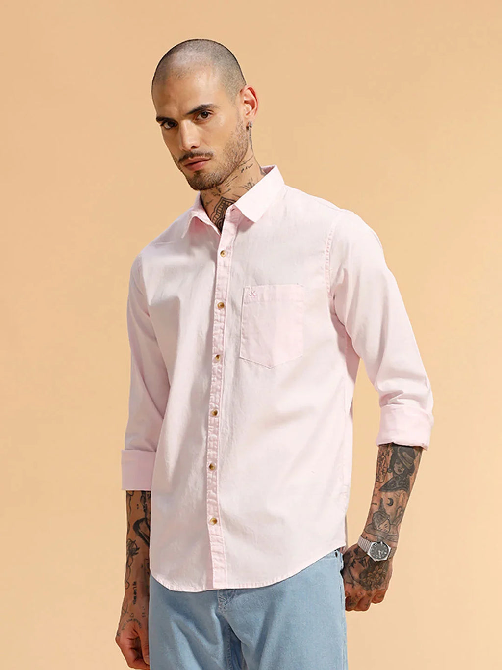 Solid Full Sleeve Cotton Shirt | Pink